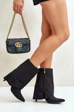 New Boto Botki Damskie W Paski Na Szpilce Z Wywiniętą Cholewką I Noskami W Szpic Czarne Naritua Czarny