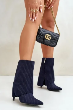 Damskie Boto Botki Damskie W Paski Na Szpilce Z Wywiniętą Cholewką I Noskami W Szpic Granatowe Naritua