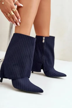 Damskie Boto Botki Damskie W Paski Na Szpilce Z Wywiniętą Cholewką I Noskami W Szpic Granatowe Naritua