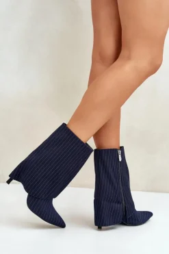 Damskie Boto Botki Damskie W Paski Na Szpilce Z Wywiniętą Cholewką I Noskami W Szpic Granatowe Naritua