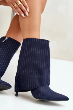 Damskie Boto Botki Damskie W Paski Na Szpilce Z Wywiniętą Cholewką I Noskami W Szpic Granatowe Naritua