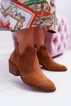Boto Botki Wiosenne|Brązowe I Beżowe Botki*Botki Damskie Wiosenne Kowbojki Camel Matty