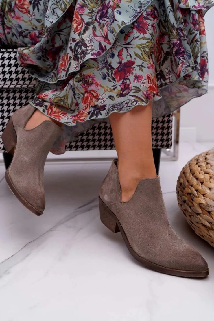 Damskie Boto Botki Damskie Wiosenne Skórzane Cappuccino Anabella