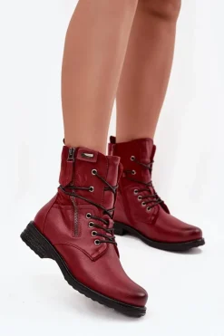 Evento Botki Sznurowane|Czarne Botki*Botki Damskie Workery Bordowe Perfecto Czerwony