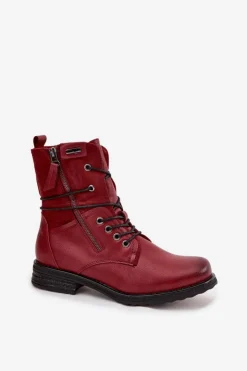 Evento Botki Sznurowane|Czarne Botki*Botki Damskie Workery Bordowe Perfecto Czerwony