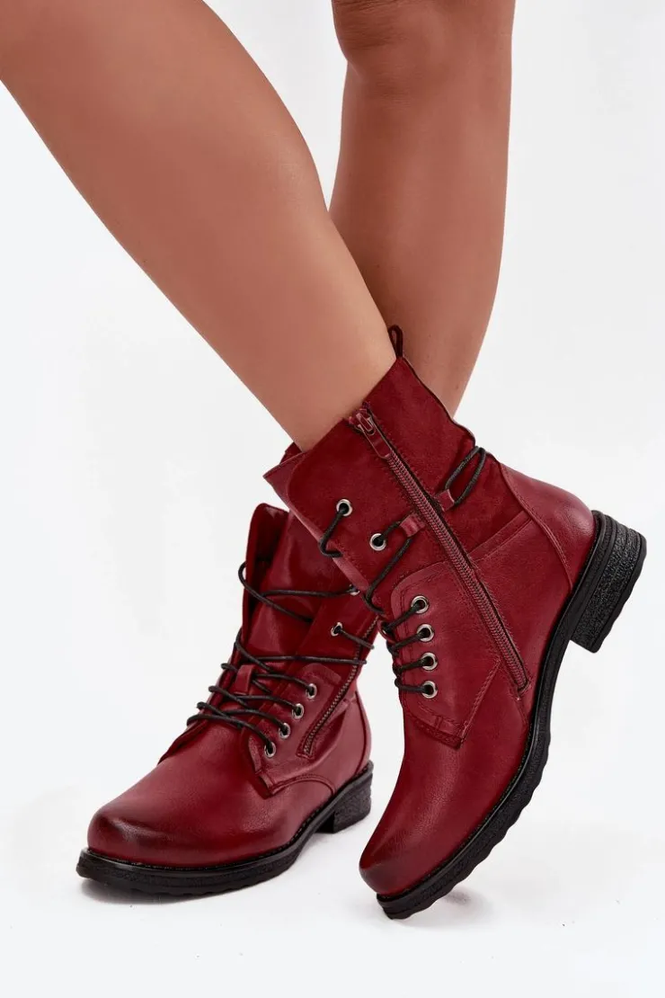 Evento Botki Sznurowane|Czarne Botki*Botki Damskie Workery Bordowe Perfecto Czerwony