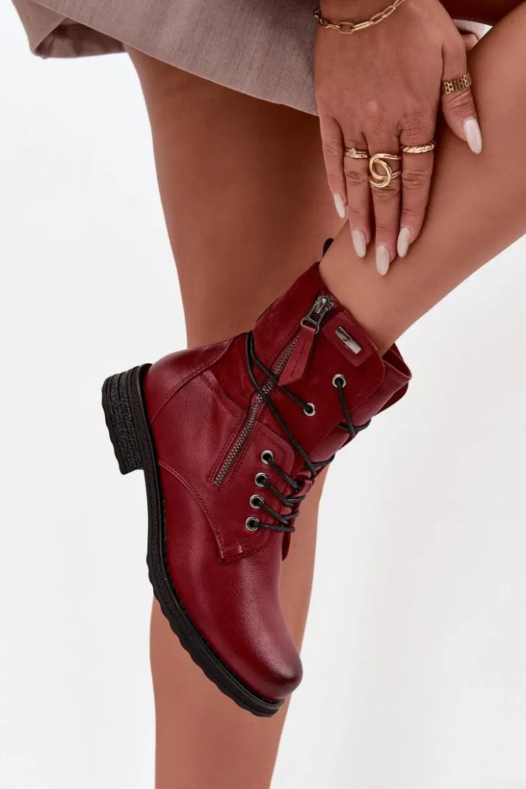 Evento Botki Sznurowane|Czarne Botki*Botki Damskie Workery Bordowe Perfecto Czerwony