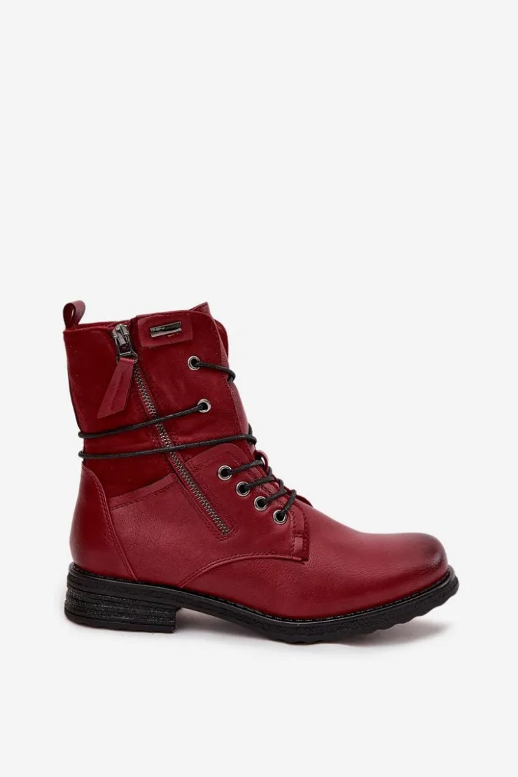 Evento Botki Sznurowane|Czarne Botki*Botki Damskie Workery Bordowe Perfecto Czerwony