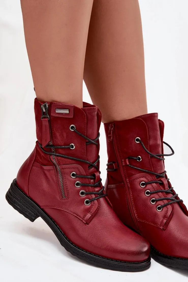 Evento Botki Sznurowane|Czarne Botki*Botki Damskie Workery Bordowe Perfecto Czerwony