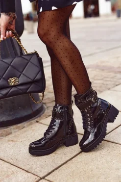 Damskie Boto Botki Damskie Workery Czarne Lakierowane Valeria