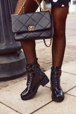 Damskie Boto Botki Damskie Workery Czarne Lakierowane Valeria