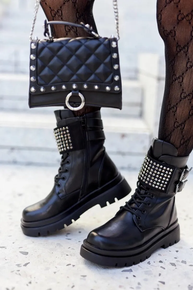 Damskie Evento Botki Damskie Workery Z Ćwiekami Czarne Eveis