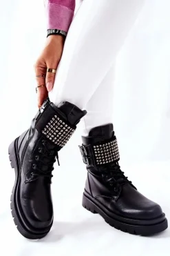 Damskie Evento Botki Damskie Workery Z Ćwiekami Czarne Eveis