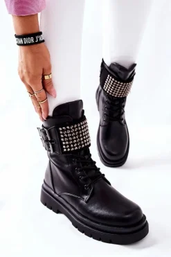 Damskie Evento Botki Damskie Workery Z Ćwiekami Czarne Eveis