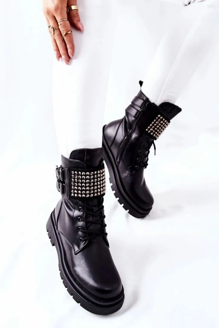 Damskie Evento Botki Damskie Workery Z Ćwiekami Czarne Eveis