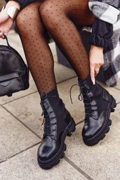 Damskie Damskie buty S.Barski Botki Damskie Workery Ze Skarpetą Sznurowane Czarne My Need