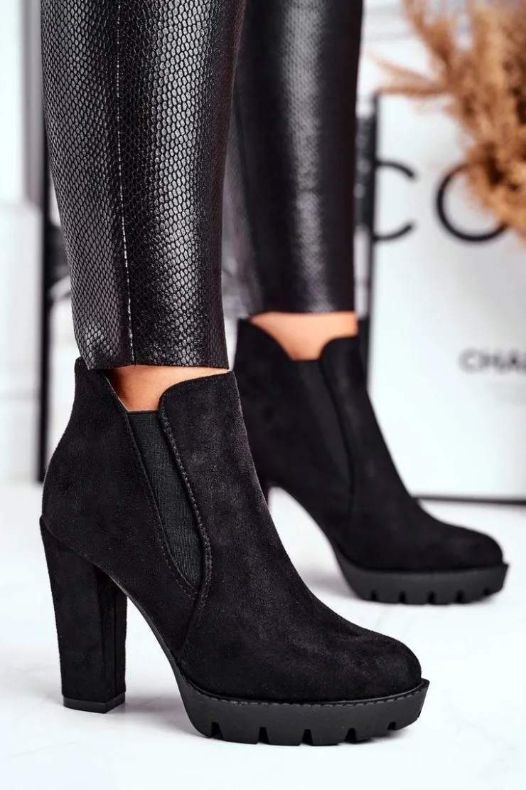 Boto Botki Na Słupku|Czarne Botki*Botki Damskie Wsuwane Na Słupku Eko-Zamsz Czarne Berry