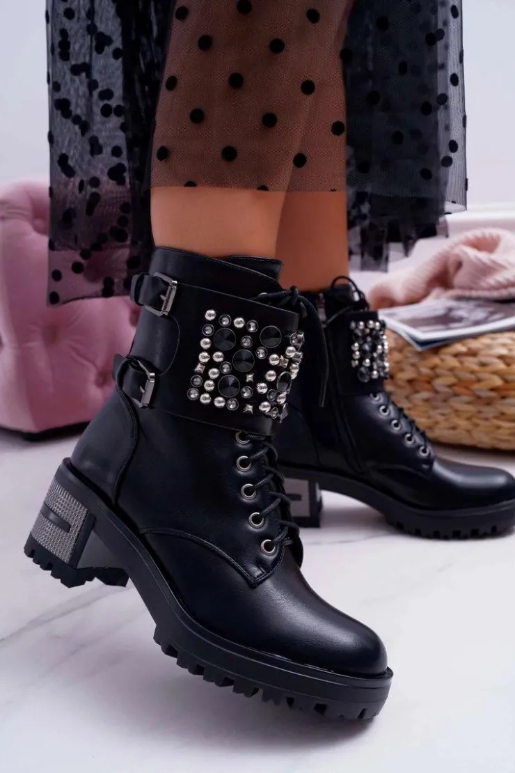 Boto Botki Sznurowane|Botki Na Słupku*Botki Damskie Wysokie Rock Z Klapą Czarne Infinity