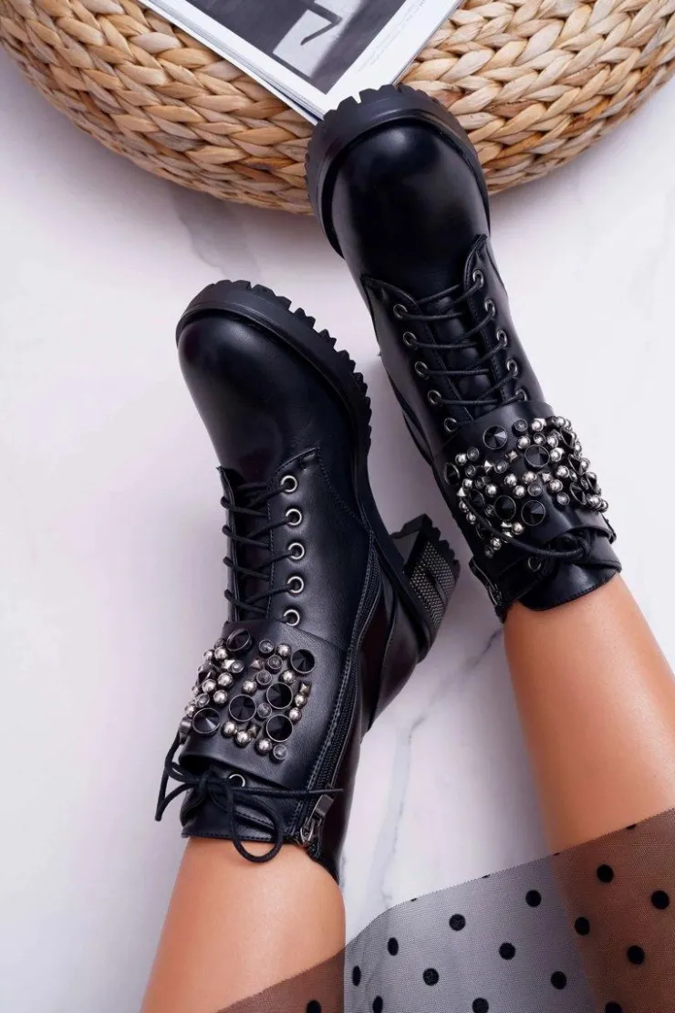 Boto Botki Sznurowane|Botki Na Słupku*Botki Damskie Wysokie Rock Z Klapą Czarne Infinity