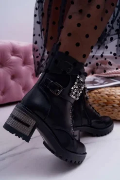 Boto Botki Sznurowane|Botki Na Słupku*Botki Damskie Wysokie Rock Z Klapą Czarne Infinity