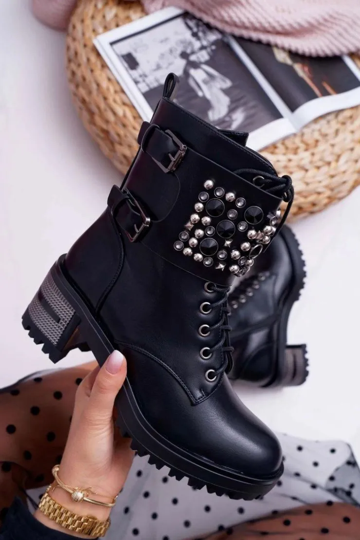 Boto Botki Sznurowane|Botki Na Słupku*Botki Damskie Wysokie Rock Z Klapą Czarne Infinity