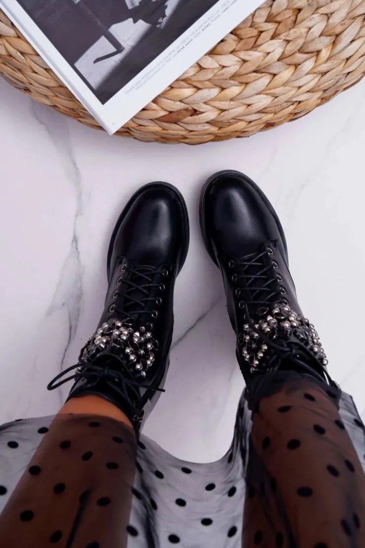 Boto Botki Sznurowane|Botki Na Słupku*Botki Damskie Wysokie Rock Z Klapą Czarne Infinity