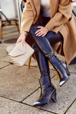 Sale Boto Botki Damskie Wysokie Stalowy Nosek Print Czarne Eternally