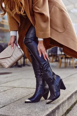 Sale Boto Botki Damskie Wysokie Stalowy Nosek Print Czarne Eternally