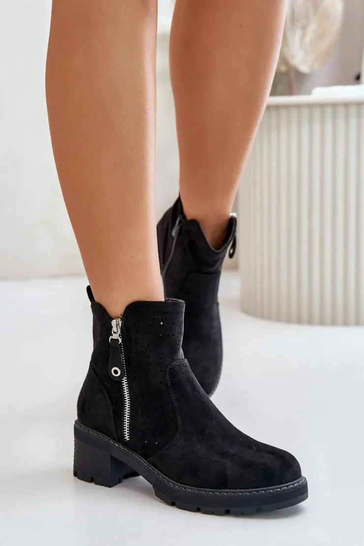 Damskie Boto Botki Damskie Z Ażurowym Wzorem Na Obcasie Czarne Oviria