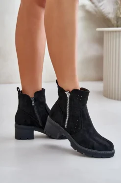 Damskie Boto Botki Damskie Z Ażurowym Wzorem Na Obcasie Czarne Oviria