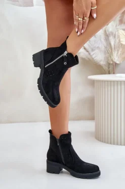 Damskie Boto Botki Damskie Z Ażurowym Wzorem Na Obcasie Czarne Oviria