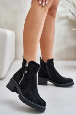 Damskie Boto Botki Damskie Z Ażurowym Wzorem Na Obcasie Czarne Oviria