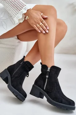 Damskie Boto Botki Damskie Z Ażurowym Wzorem Na Obcasie Czarne Oviria