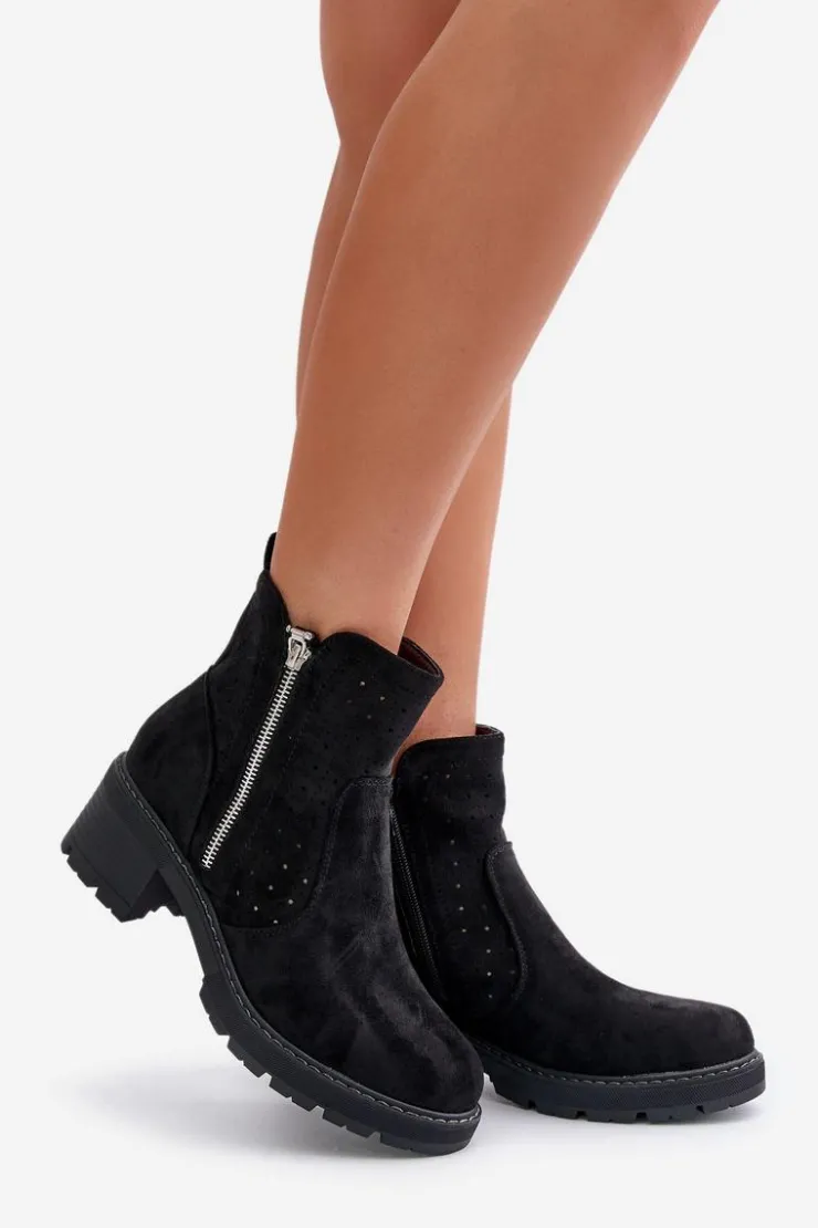 Damskie Boto Botki Damskie Z Ażurowym Wzorem Na Obcasie Czarne Oviria