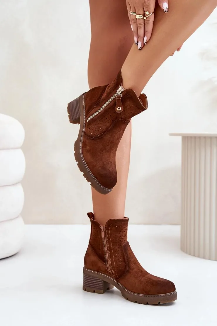 Boto Botki Na Słupku|Botki Ażurowe*Botki Damskie Z Ażurowym Wzorem Na Obcasie Brązowe Oviria Brązowy