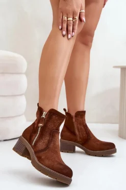 Boto Botki Na Słupku|Botki Ażurowe*Botki Damskie Z Ażurowym Wzorem Na Obcasie Brązowe Oviria Brązowy