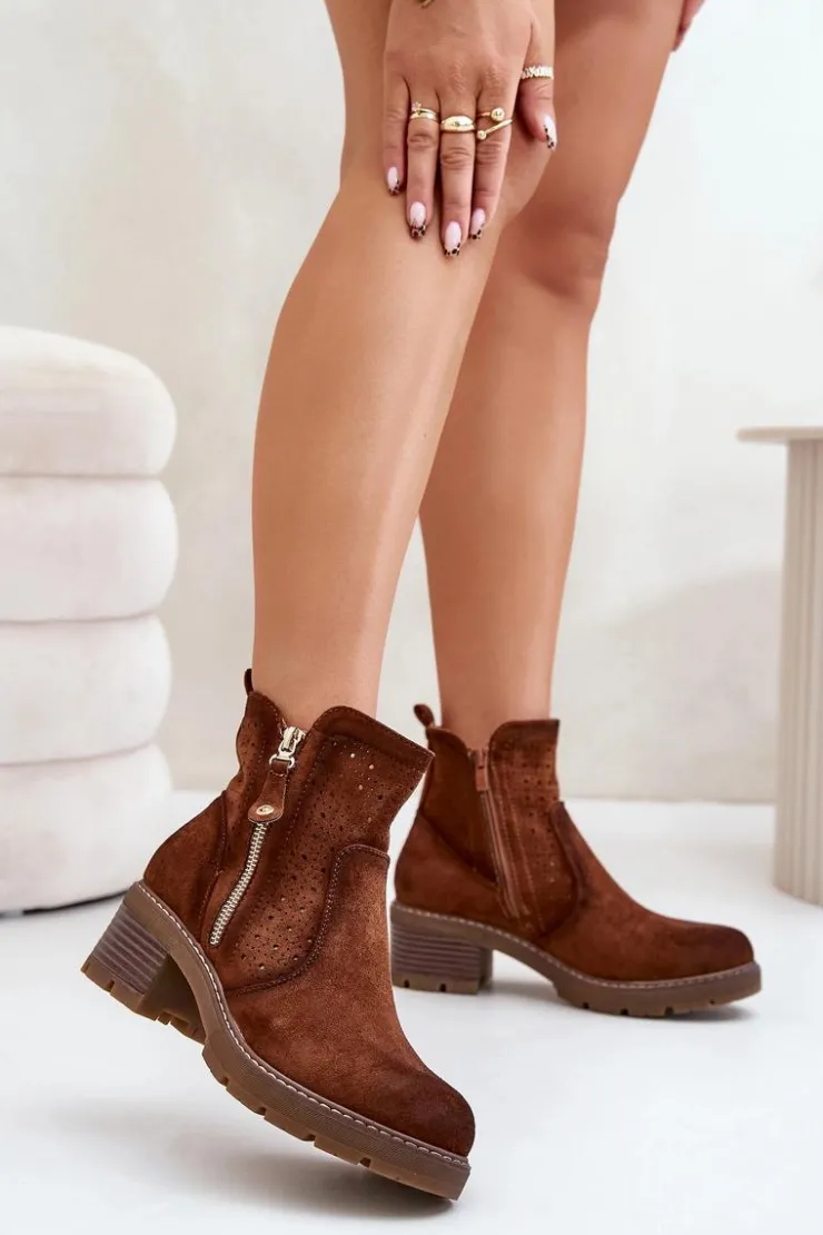 Boto Botki Na Słupku|Botki Ażurowe*Botki Damskie Z Ażurowym Wzorem Na Obcasie Brązowe Oviria Brązowy