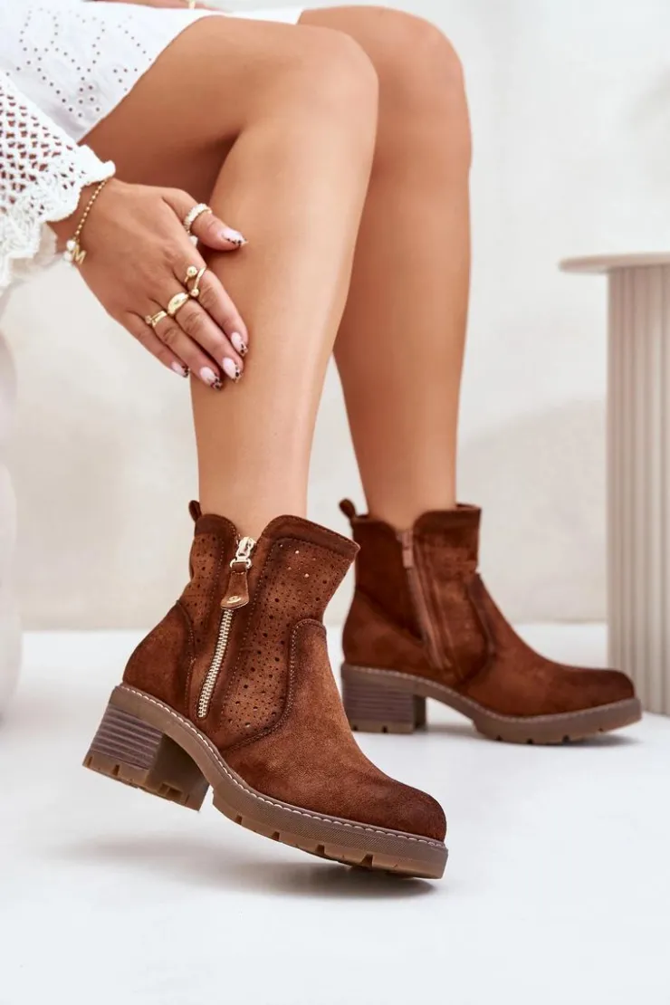 Boto Botki Na Słupku|Botki Ażurowe*Botki Damskie Z Ażurowym Wzorem Na Obcasie Brązowe Oviria Brązowy