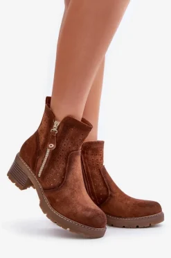 Boto Botki Na Słupku|Botki Ażurowe*Botki Damskie Z Ażurowym Wzorem Na Obcasie Brązowe Oviria Brązowy