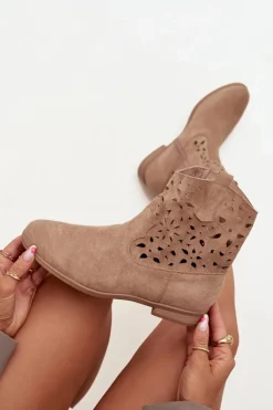 New Boto Botki Damskie Z Ażurowym Wzorem Na Płaskim Obcasie Eko Zamszowe Beżowe Athera