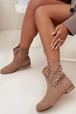 New Boto Botki Damskie Z Ażurowym Wzorem Na Płaskim Obcasie Eko Zamszowe Beżowe Athera