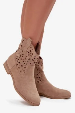 New Boto Botki Damskie Z Ażurowym Wzorem Na Płaskim Obcasie Eko Zamszowe Beżowe Athera