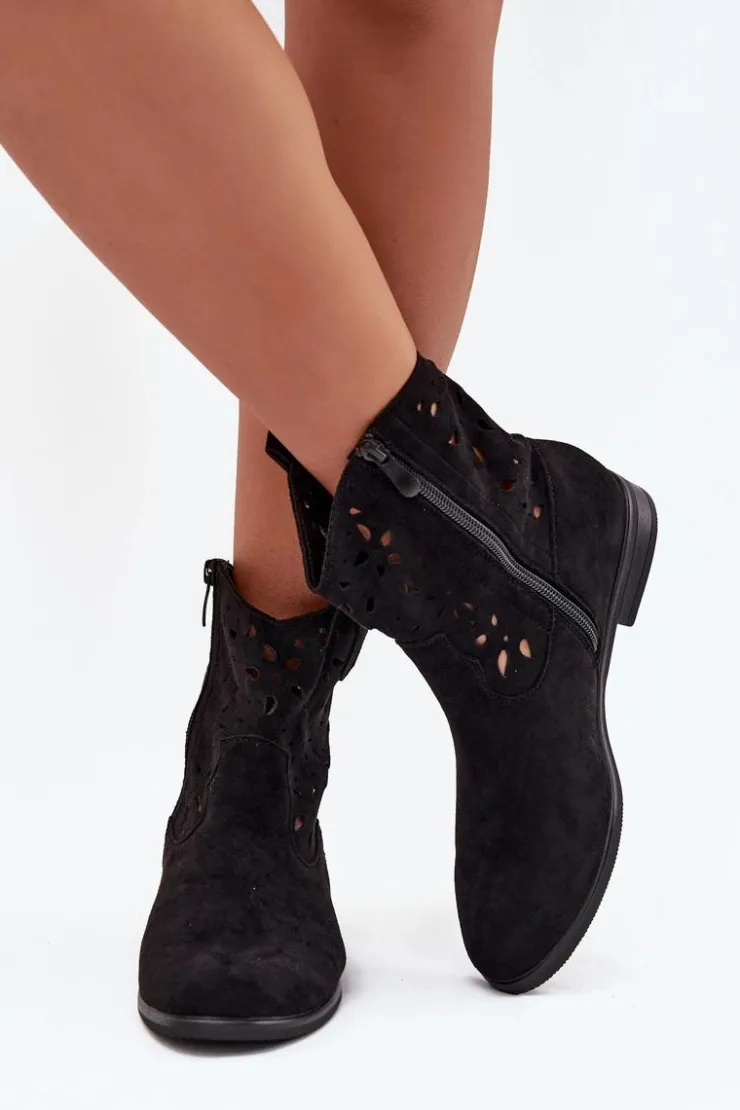 Damskie Boto Botki Damskie Z Ażurowym Wzorem Na Płaskim Obcasie Eko Zamszowe Czarne Athera
