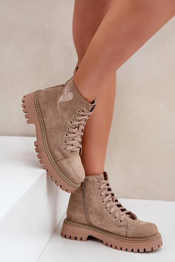 Sale Boto Botki Damskie Z Brokatowym Sercem Ciemnobeżowe Nariri