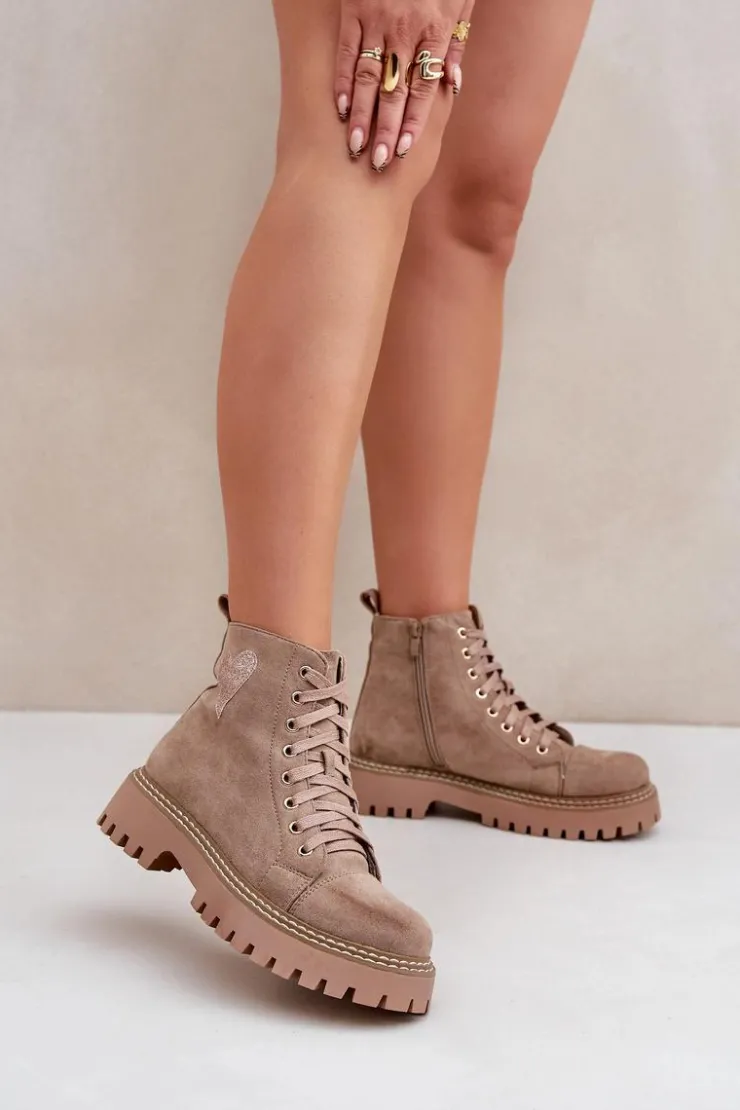 Sale Boto Botki Damskie Z Brokatowym Sercem Ciemnobeżowe Nariri