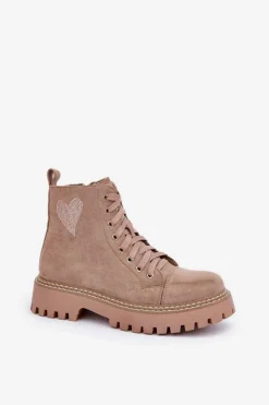 Sale Boto Botki Damskie Z Brokatowym Sercem Ciemnobeżowe Nariri