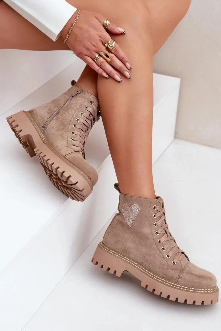 Sale Boto Botki Damskie Z Brokatowym Sercem Ciemnobeżowe Nariri