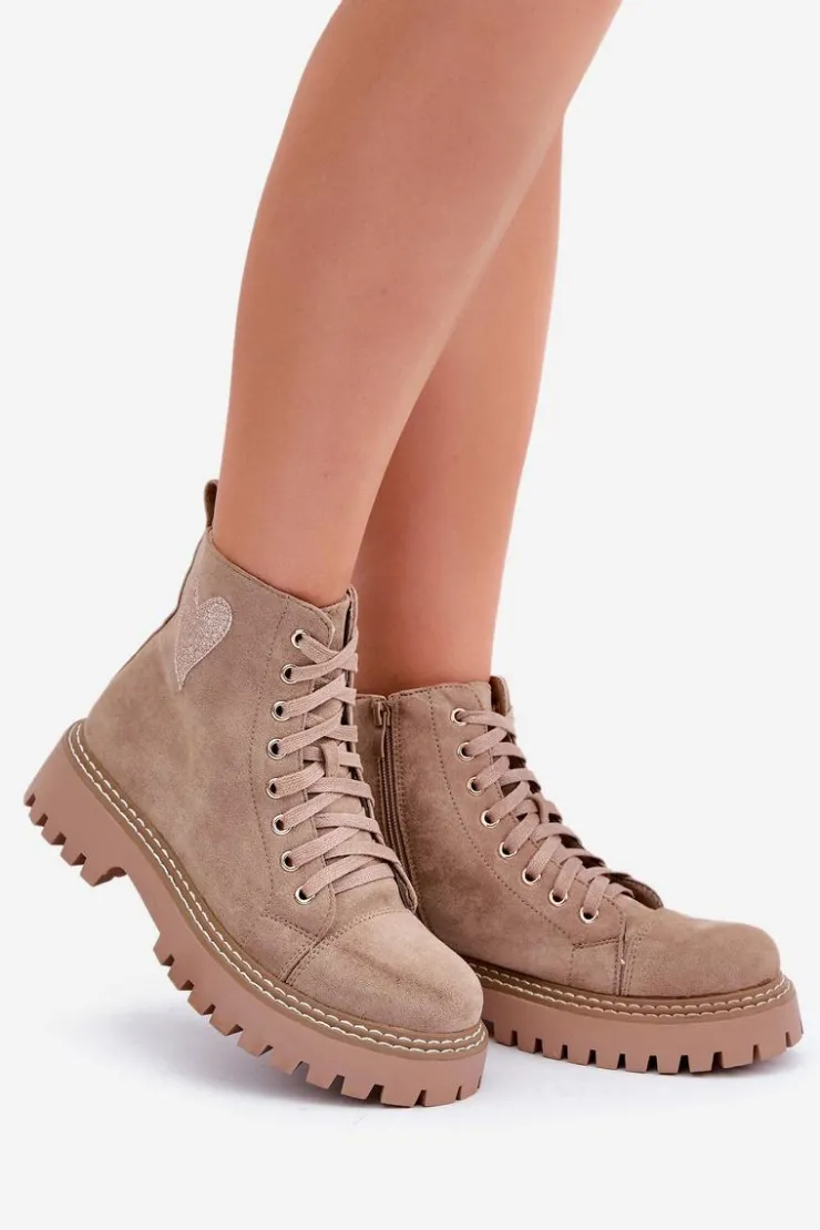 Sale Boto Botki Damskie Z Brokatowym Sercem Ciemnobeżowe Nariri