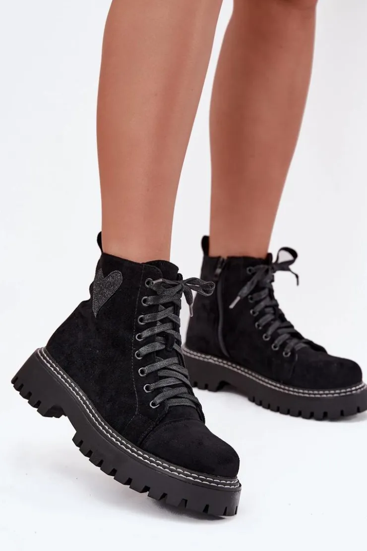 Boto Botki Sznurowane|Botki Płaskie*Botki Damskie Z Brokatowym Sercem Czarne Nariri Czarny