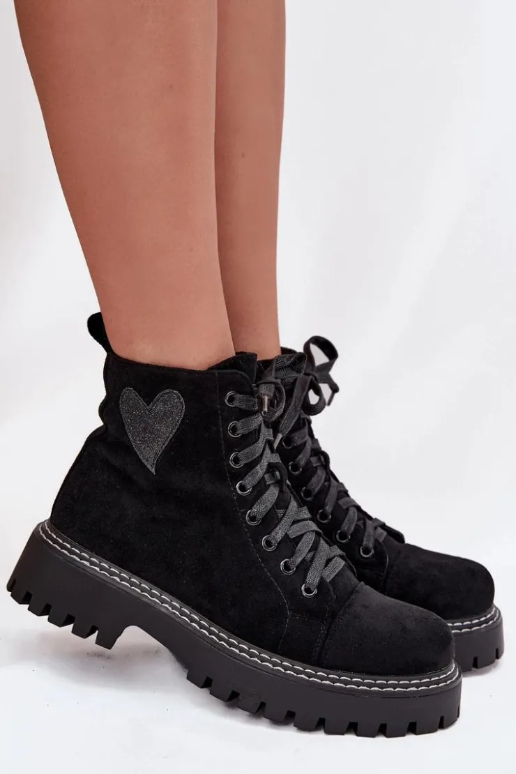 Boto Botki Sznurowane|Botki Płaskie*Botki Damskie Z Brokatowym Sercem Czarne Nariri Czarny